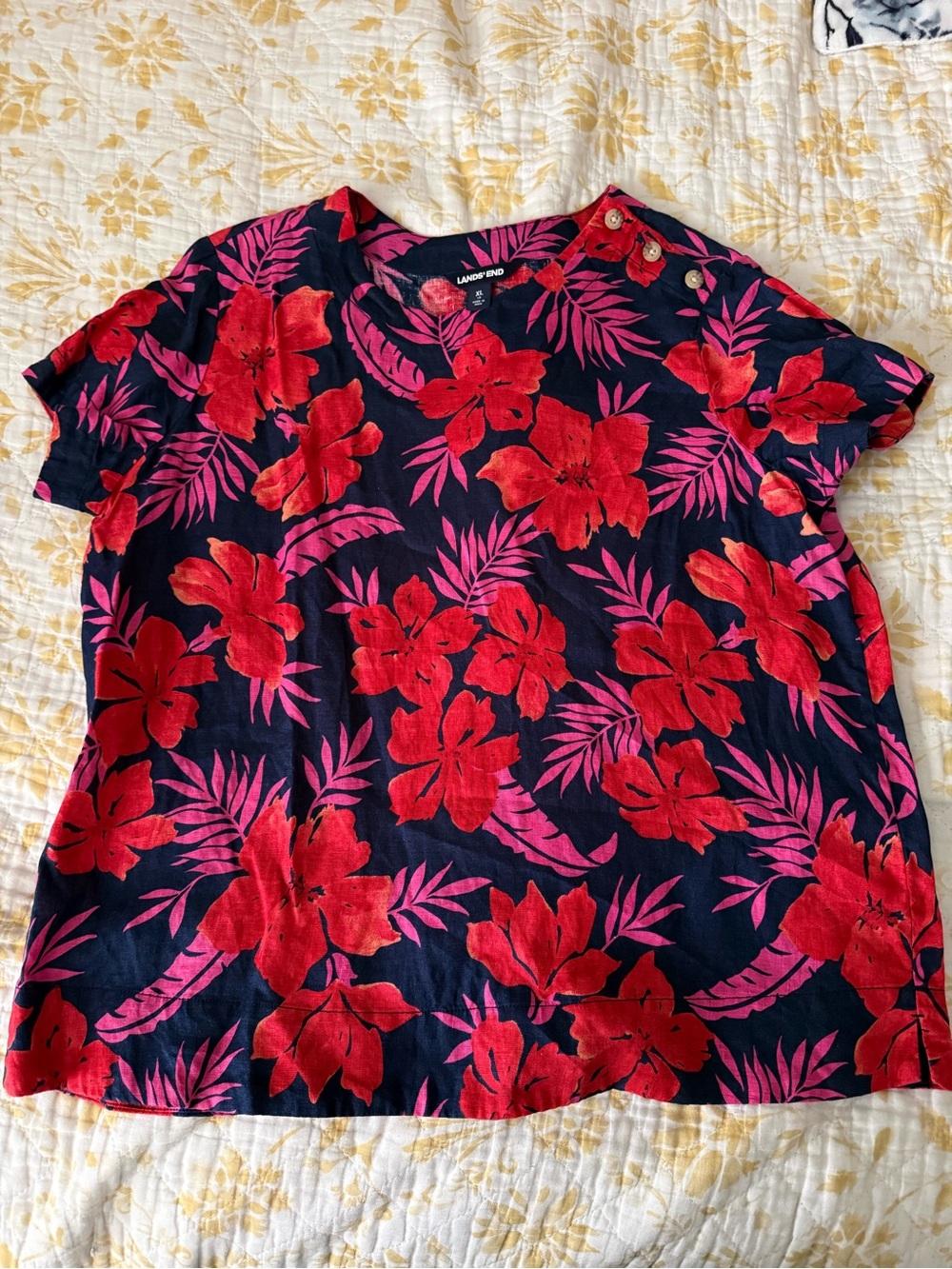 Lands' End Navy Top with Red and Pink Tropical Floral Print